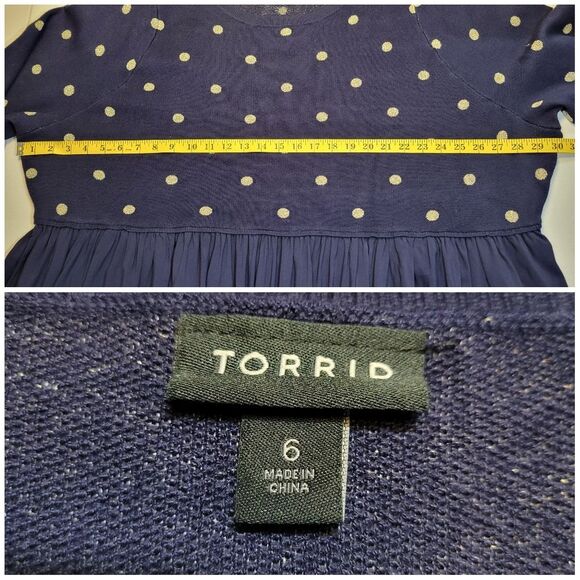 Torrid Mini Challis Skater Gold Polka Dot Navy Blue Sweater Dress Preppy Fall - Picture 13 of 16
